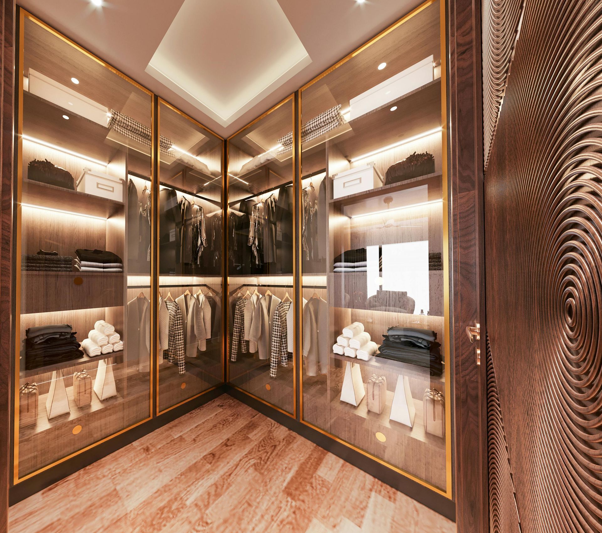 Walk-in closet with glass fronted wardrobes, internal lighting and timber shelving